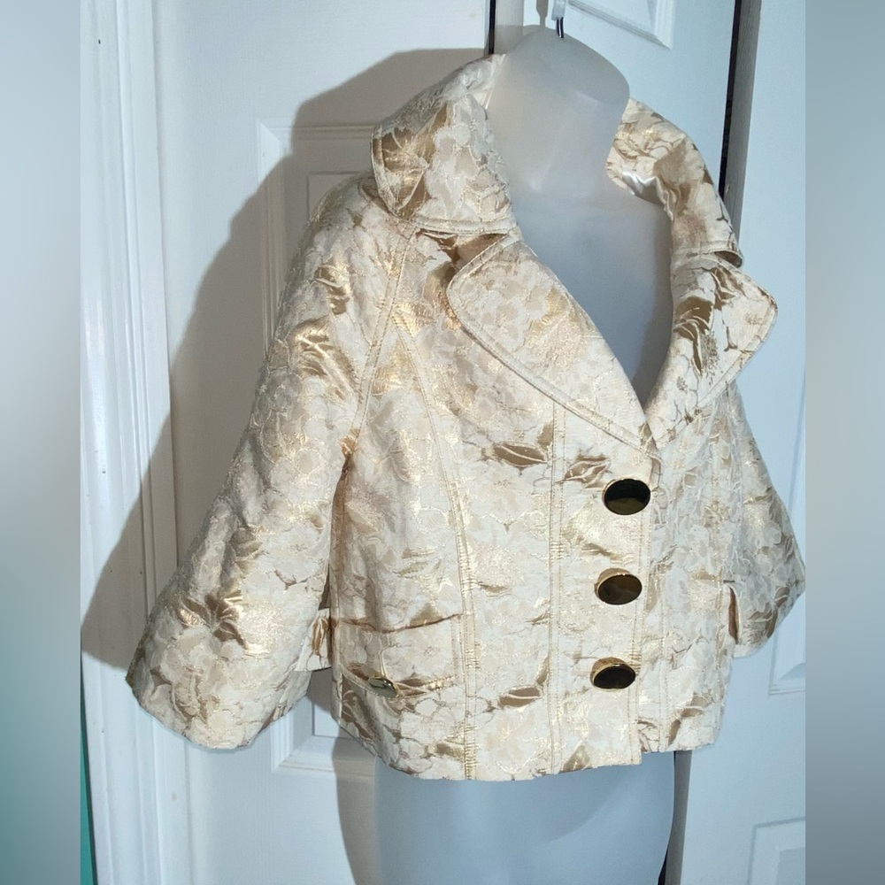 Vintage 1990s Cache Chic Floral Gold & White Brocade Box Jacket Blazer S  AA15